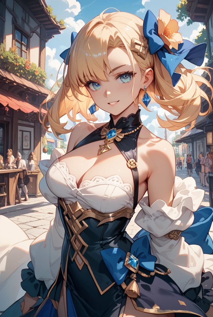 A beautiful 28-year-old woman, Navia, wearing sexy lingerie, stands in a crowded French city, hyper detailed huge breasts and ultra detailed features rendered in the best quality, 4K masterpiece.