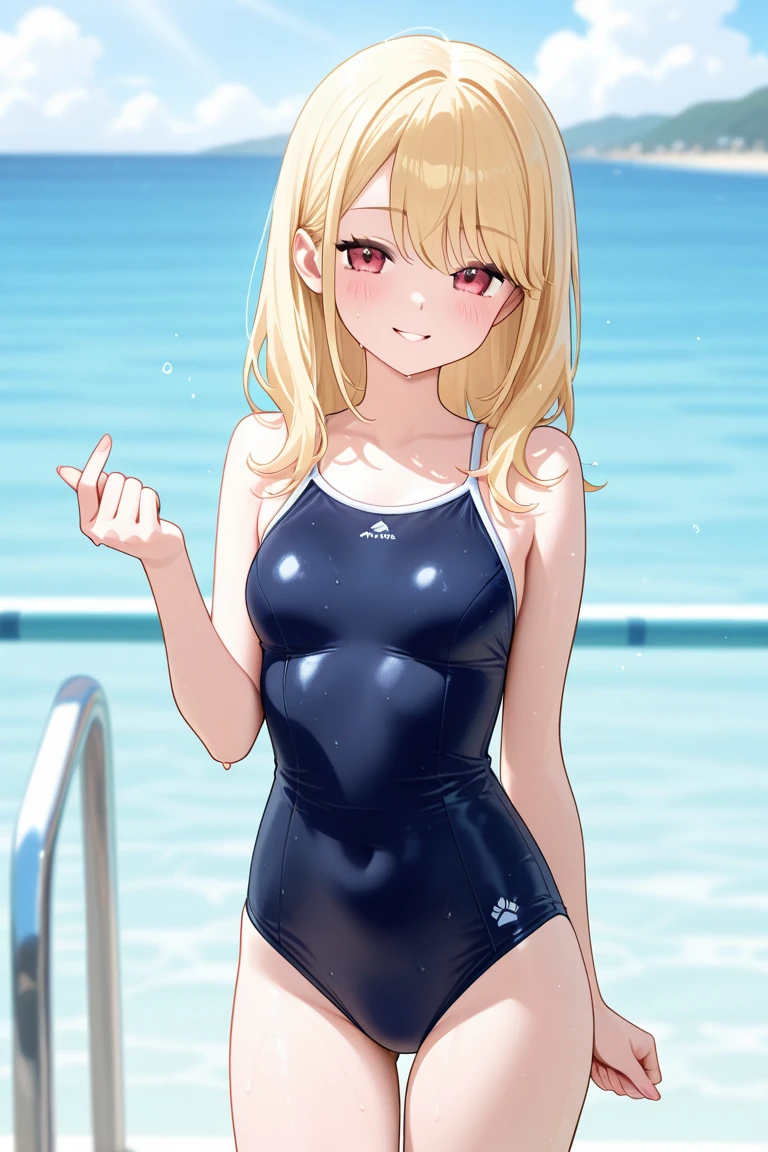 (realistic:1.4、masterpiece、top-quality、8k size wallpaper、offcial art)、(character focus、cowboy shot)、(1girl),(Open mouth happy smile:1.3),(),cute face,blue eyes、()、
,(sit),(Shining smile),
,(slender),(neck holder swimsuit),(longblonde hair1.3), (small breasts)、
、fluorescence、pool,、