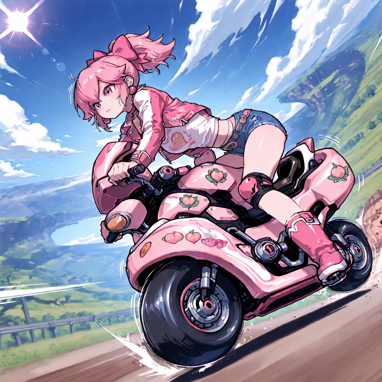 13 year old girl Anime Shonen Style Design,retro clothes, bizarre creative design, short bright pink hair, blue sky eyes, shonen style outfit