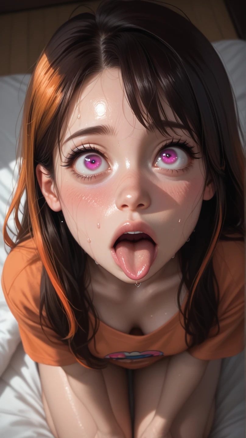 Highest quality, (Realistic:1.5), Detailed portrait, {blush}, The Face of Desire, Black panties, Cramped white t-shirt, Open your mouth, {{{Sticking out tongue}}}, {{Very large breasts}} {{A lot of saliva is dripping from the mouth.}}, Big Eyes, Brown Hair, (look at camera:1.3), Red natural lighting, Beautiful and well-proportioned face, (body covered in sweat:1.2), Highlight your eyes, cute, {Show me more of your face}, High angle, looking up