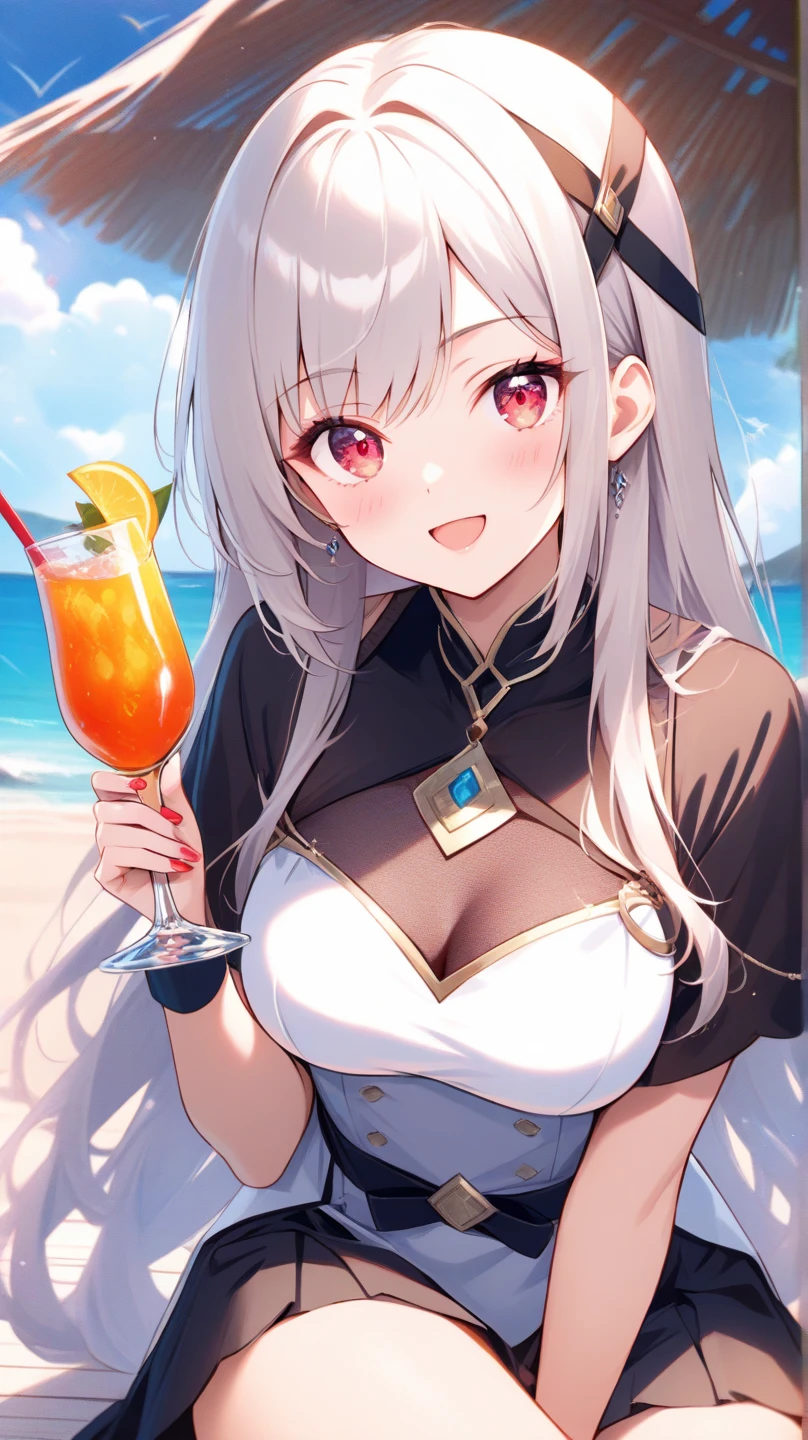 ((Masterpiece)), ((Squat)), (Sit on a white beach chair and drink tropical juice), (((Metallic White Bikini)), Cat-eared girl, Long-haired, Ponytail, (Silver-haired), Sad smile, Aqua Eyes, Small, 15 years old, Noon, Sunshine, Seaside, Fantastic sky