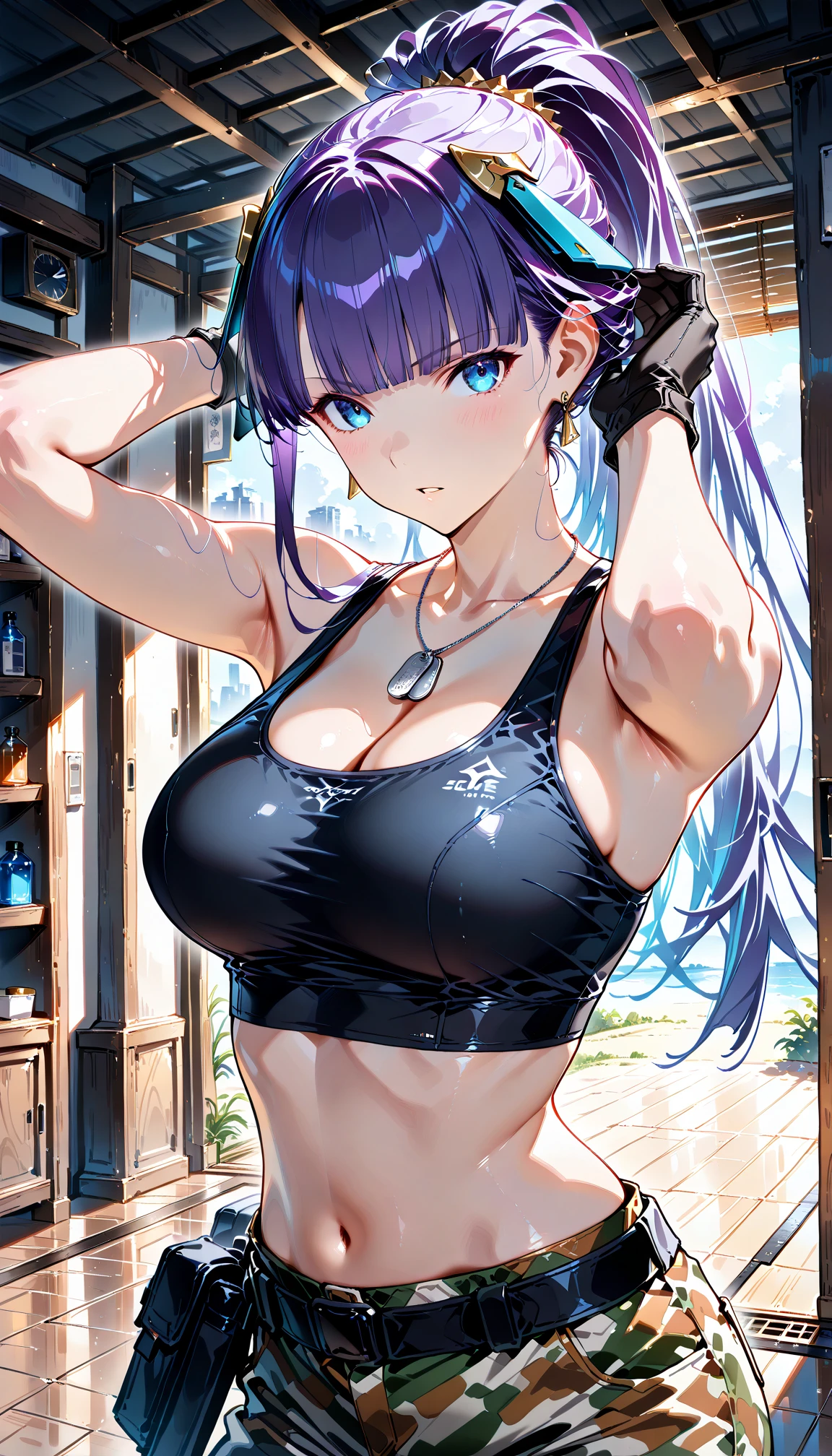((unity 16k wallpaper, masterpiece, best quality, ultra-detailed, extremely detailed CG, caustics, cinematic lighting, detailed, beautiful detailed eyes, NSFW: 2.0, 25 years old, dynamic pose、curby)), erotic, sexy, ultra high-definition, ((cleavage)), fine skin, (cute: 1.2), collarbone, ((JPOP idol)), ((attractive)), (sports bra、yoga pants)、arched back,hand on hip、vivid