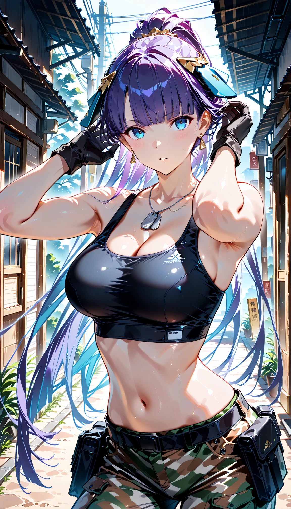 best quality, masterpiece, solo, {st louis_azurlane:1.15}, blue hair, bangs, sidelocks, breasts, large breasts, side ponytail, blush, long hair, cleavage, purple eyes, hair ornament, smile, hair between eyes, jewelry, pink eyes, 1girl, backless dress, backless outfit, bare shoulders, dress, evening gown, halter dress, halterneck, necklace, plunging neckline, revealing clothes, silver dress, earrings, grey dress, hairclip, looking at viewer, thighs, parted lips, nail polish, (muscular:1.6), arms up