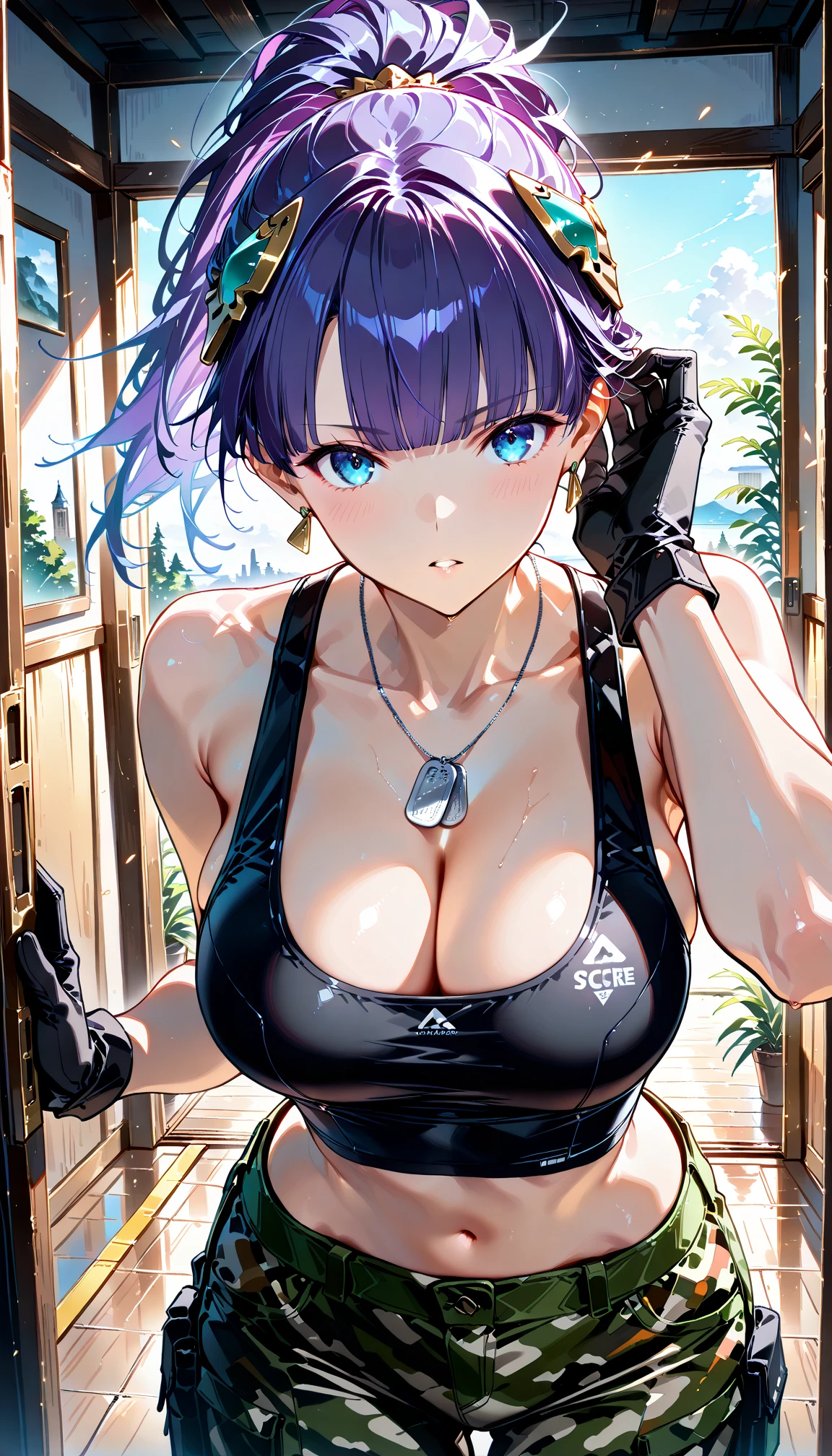 Arti modern anime. Birds eye view, A stunningly beautiful Motoko Kusanagi from the anime Ghost in the shell, D cup big bust, slim body. vixip, close-up face portrait, photorealistic. Blush, Water drop, rock, water reflection, stairs, trod. Hand drawing illustration, cinematic lighting, highly detailed. Perfect composition golden ratio, masterpiece, best quality, 4k, sharp focus. Better hand, perfect anatomy.