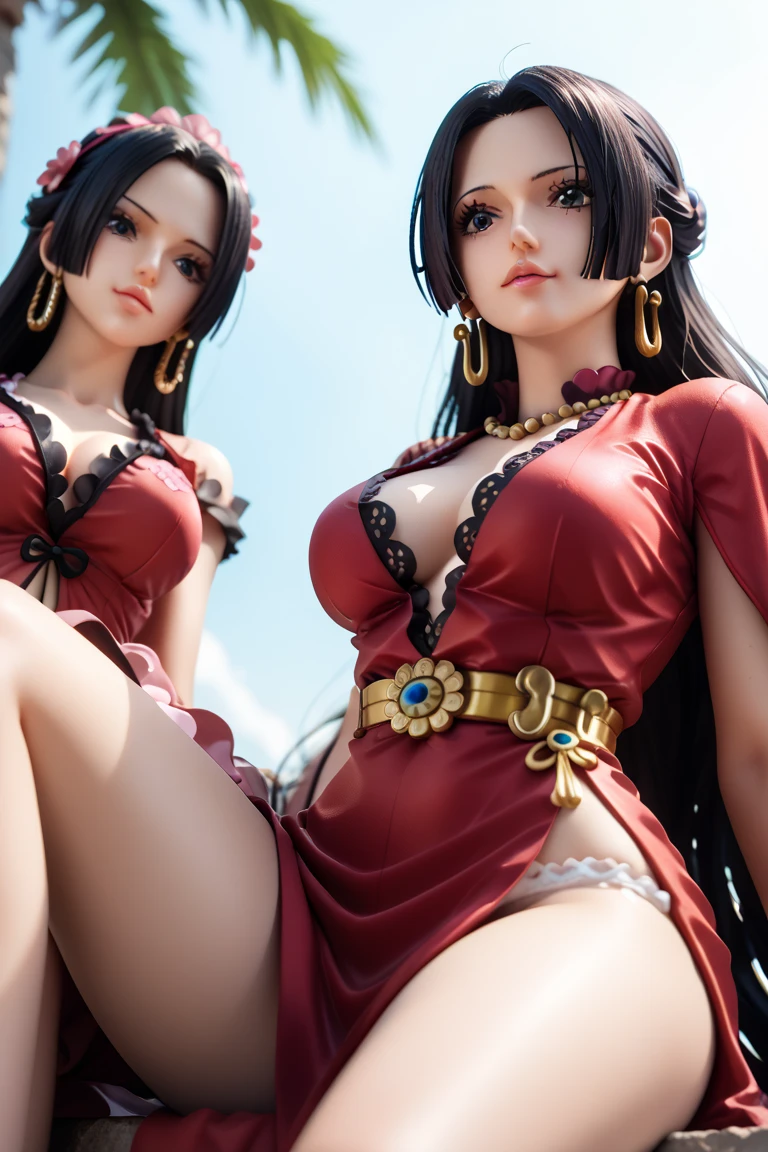 ((best quality, 8k, tmasterpiece:1.3)), 2women, 2 women on their knees next to each other, hands on their lap, bzccostume, Brazilian carnival costume, wedding bjd, black hair, dark hair, long hair in front of shoulders, pale skin, large breasts, looking up at viewer, smiling face, blushing, white lingerie, micro bikini, showing midriff, stockings, white stockings, gold armlets, gold tiaras, bracelets, white chokers, necklace, thong, underboob, showing shoulders, carpet floor pattern, simple floor, sweating, shiny skin,