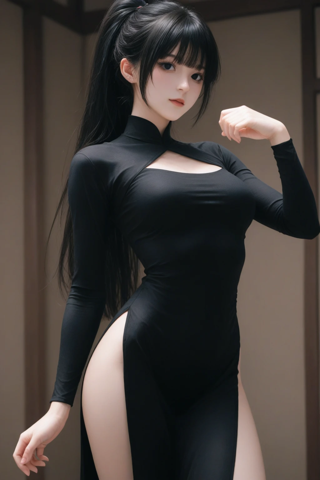 (masterpiece, best quality, photorealistic, cinematic), 1girl, (medium shot, from behind, full body shot), (Japanese-looking girl), head-to-toe visibility, perfect anatomy, sexy body, alluring, perfect eyes, brown eyes, perfect hands, (lips slightly parted), perfect hands, (bursting breasts, large cleavage, round ass), long round legs, (sleek black hair with bangs), (wearing a sexy yellow knee-high dress:1.3), (leaning on a decorated wall), (1 leg forward)