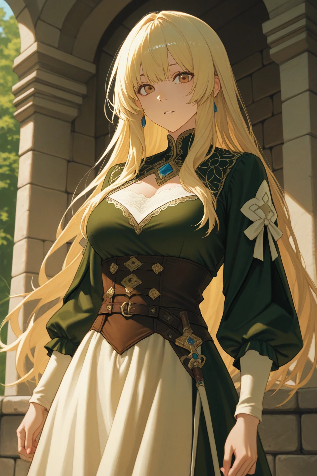 (((Alone))),(((Mature Woman))),(((Green eyes with golden pigmentation))),(((Long wavy blonde hair))),(((A Shy expression))), (((Light Skin))),(((Wearing medieval clothes))),(((Wearing corset))),(((Medium chest and slim waist)))