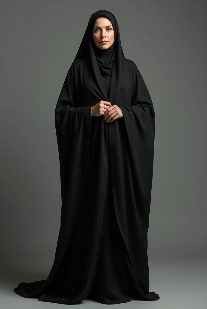 Arab woman wearing black abaya with legs sticking out and raised