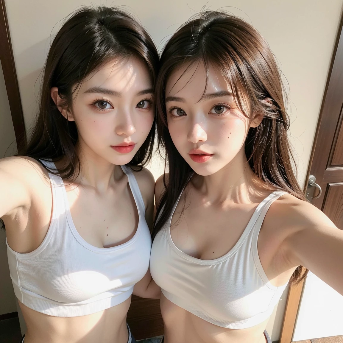 ((Realistic lighting, Highest quality, 8k, masterpiece: 1.3)), Clear focus: 1.2, One girl, Perfect beauty: 1.4, Slim Abs: 1.1, ((Dark brown hair)), (White crop top: 1.4), (Outdoor, night: 1.1), View of the park, Very beautiful face, Beautiful Eyes, double eyelid,