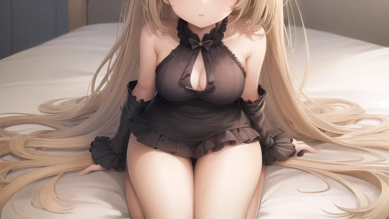 (Highest quality:1.2), alone, One woman, Tomomi, blonde hair, drill hair, twin drills, (yellow eyes:1.3)、(blush:1.1), Embarrassing, View your viewers, ((Black Bra))、((Black Panties))、(((naked)))、((Garter Stockings))、((Photo from below))、