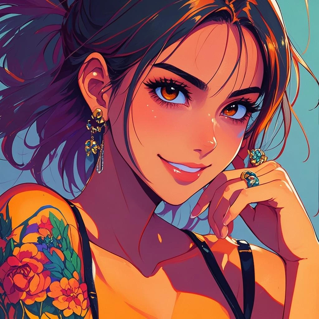 Animestyle illustration of a female character with red and blue hair, wearing colorful tattoos on her  and smiling against a yellow background. The artwork features bright colors, intricate details and sharp focus with high resolution and high detail. It has a perfect composition in the anime art style with the Japanese manga artstyle. The rendering is of the best quality in the style of Akira Toriyama and Nyo.