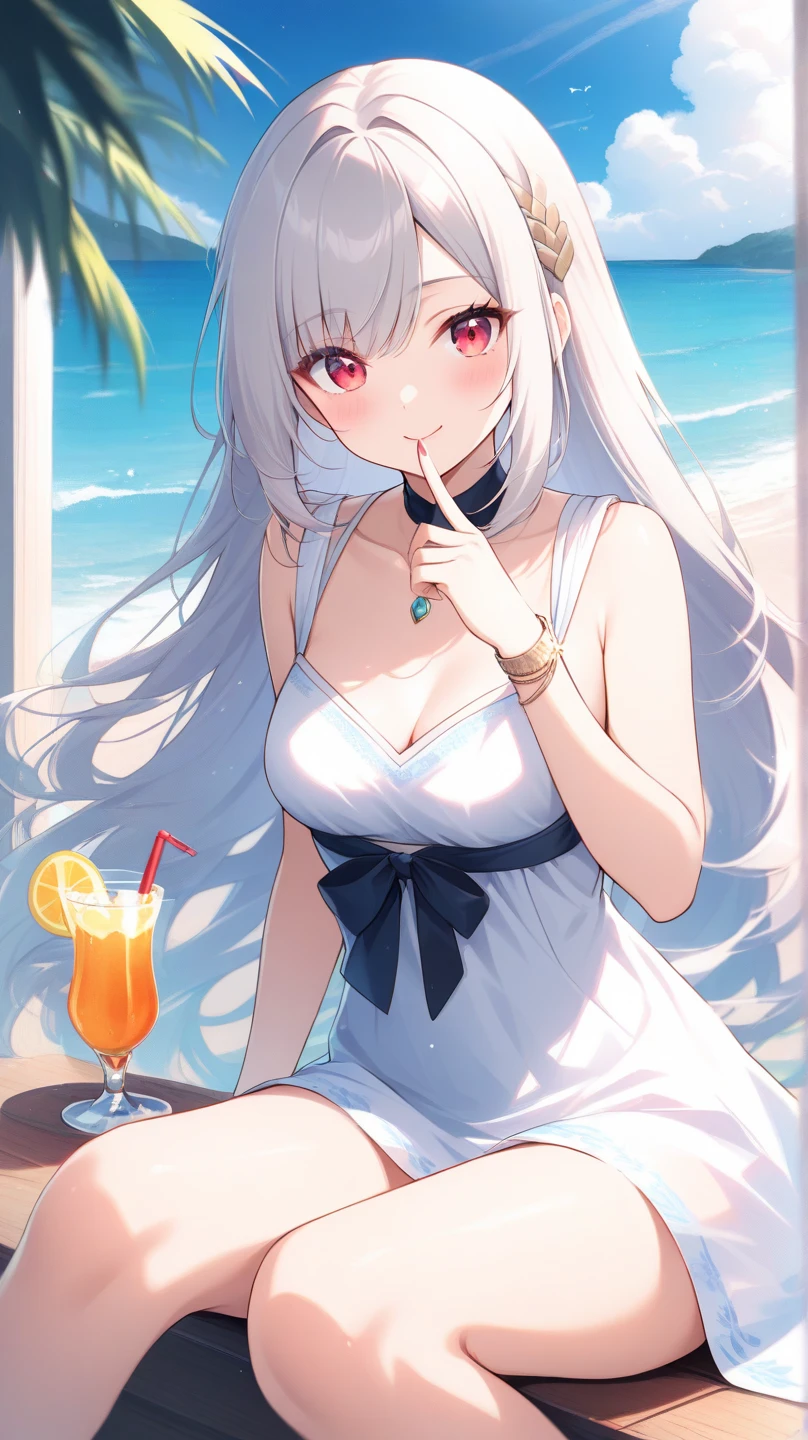 (Masterpiece), (Top Quality Anime Illustration), (Super Definition), One Girl, Solo, Beautiful Girl with Silver Hair, Anime Loli, Cat Ear Loli, Petite, Cleavage, Side Boob, Thigh Emphasis, White Robe, Off Shoulder, Show Buttocks, Buttocks Up, Wet and Sheerable, Smile, South Island Sea, Water
