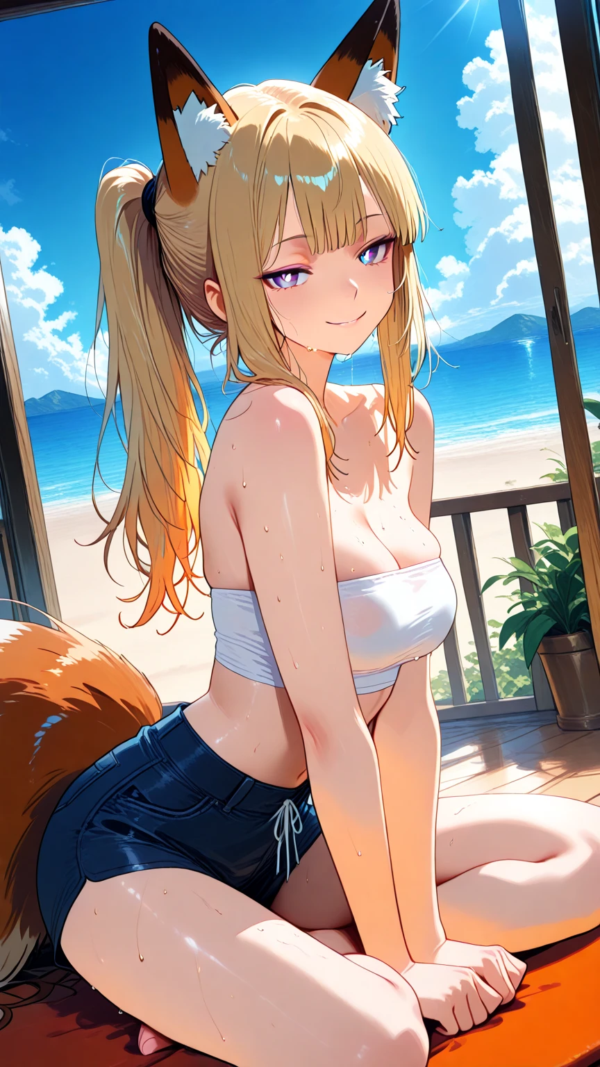 masterpiece,highres, animal_ears, tail, 1girl, swimsuit, bikini, palm_tree, fox_tail, shorts, fox_ears, scarf, striped_bikini, tree, open_mouth, smile, front-tie_top, striped, front-tie_bikini, animal_ear_fluff, solo, brown_hair, ocean, day, visor_cap, cloud, sky, short_shorts, blue_sky, fox_tail, breasts, fox_girl, water, leaning_forward, navel, fox_ears, halo