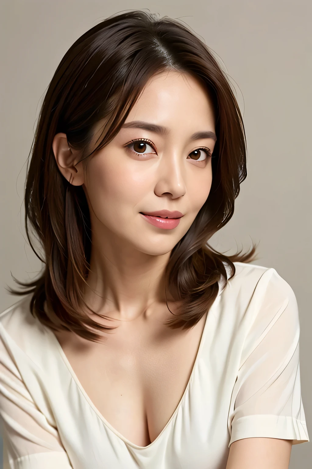 (RAW Photos), (Photorealistic), (masterpiece), (highest quality), High resolution, 8k, (Intricate details), (Volumetric light), Portraiture, woman, Age 35, Medium Hair, Straight hair, Medium chest, Accentuate your cleavage, Layered Hair, Brown Hair, Very beautiful eyes, Source order, Very thin eyebrows, Very fine skin, Very nice mouthfeel, Very nice nose, Cute like an idol, Smile, (Thick lips), (Looking at the audience), (Elegant blouse), Above the knee shot,