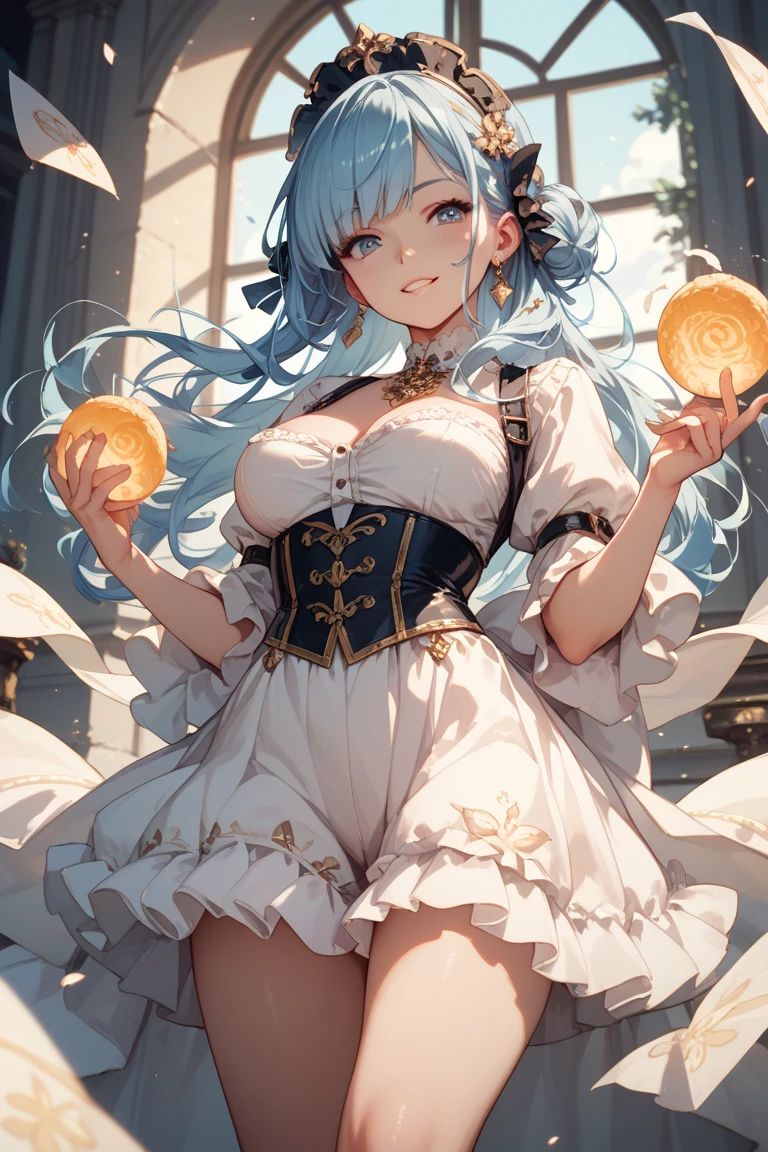 Girl, short pale blue hair, orange eyes, sheep ears, yellow dress decorated with beautiful white decorations, big breasts, skirt