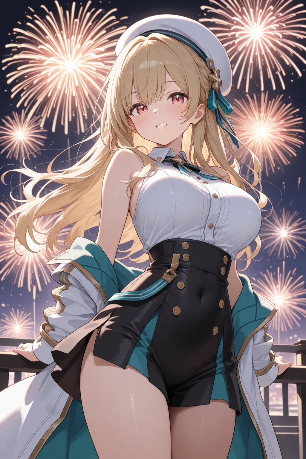 Asuna, anime art style, 1 girl, alone、erect nipples、cleavage、I can see your belly button、shorts、idol clothes、smile、night view、Beautiful fireworks