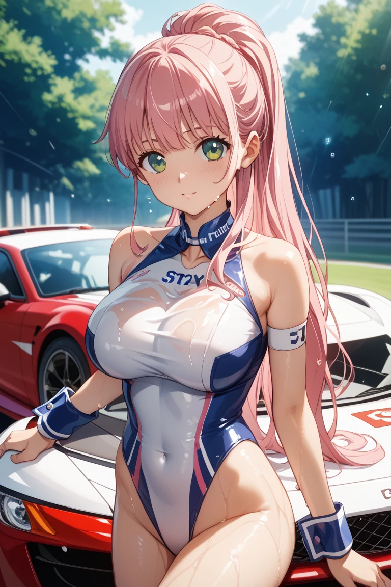 ((best quality, ultra-detailed, high resolution, extremely detailed CG, super detailed, direct light, Most beautiful clean lighting)), 1 girl, beautiful girl, cute girl and idol face, young face, smile, Beautiful long pink hair, twintails, Beautiful shining red eyes, white skin, slender, Short body, Race queens, car racetrack, racing cars, blue and yellow swimsuit-like racing suits,