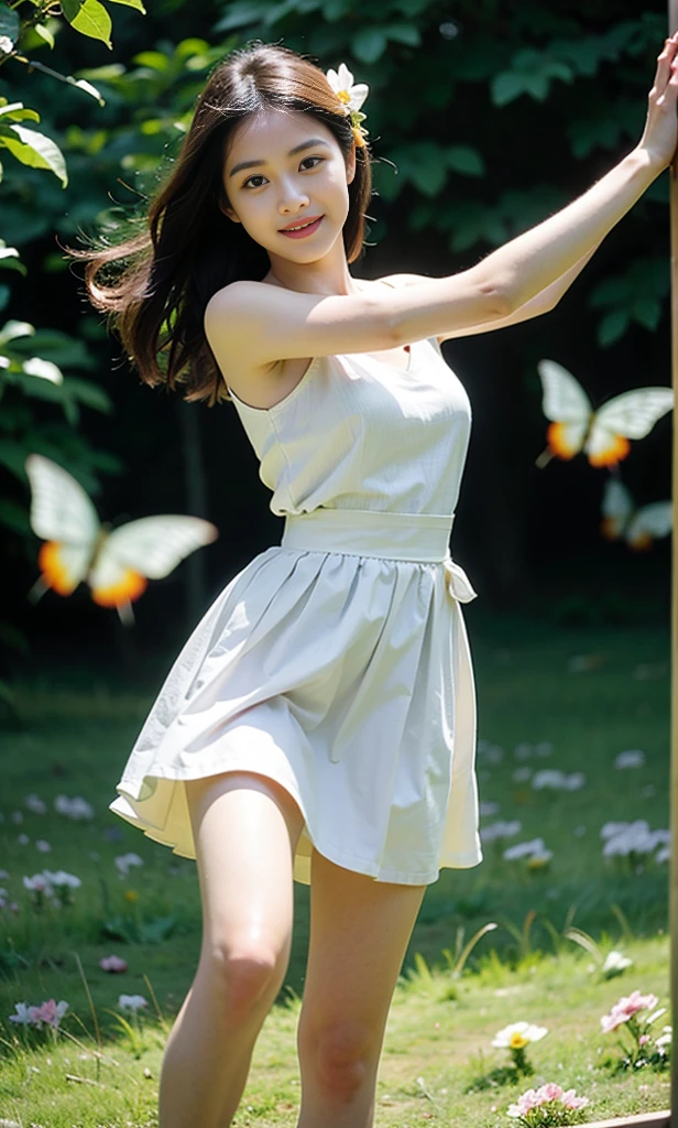 (((jumping and floating in the air)))、highest quality、masterpiece、ultra high resolution、real、17 year old Japanese girl、glowing skin、((ハイパーreal詳細))、Being in the grassland gives me a sense of dynamism.、8K、、High definition、realな光、Shining eyes、ultra-thin transparent lace bodysuit、((jump on your knees))、air