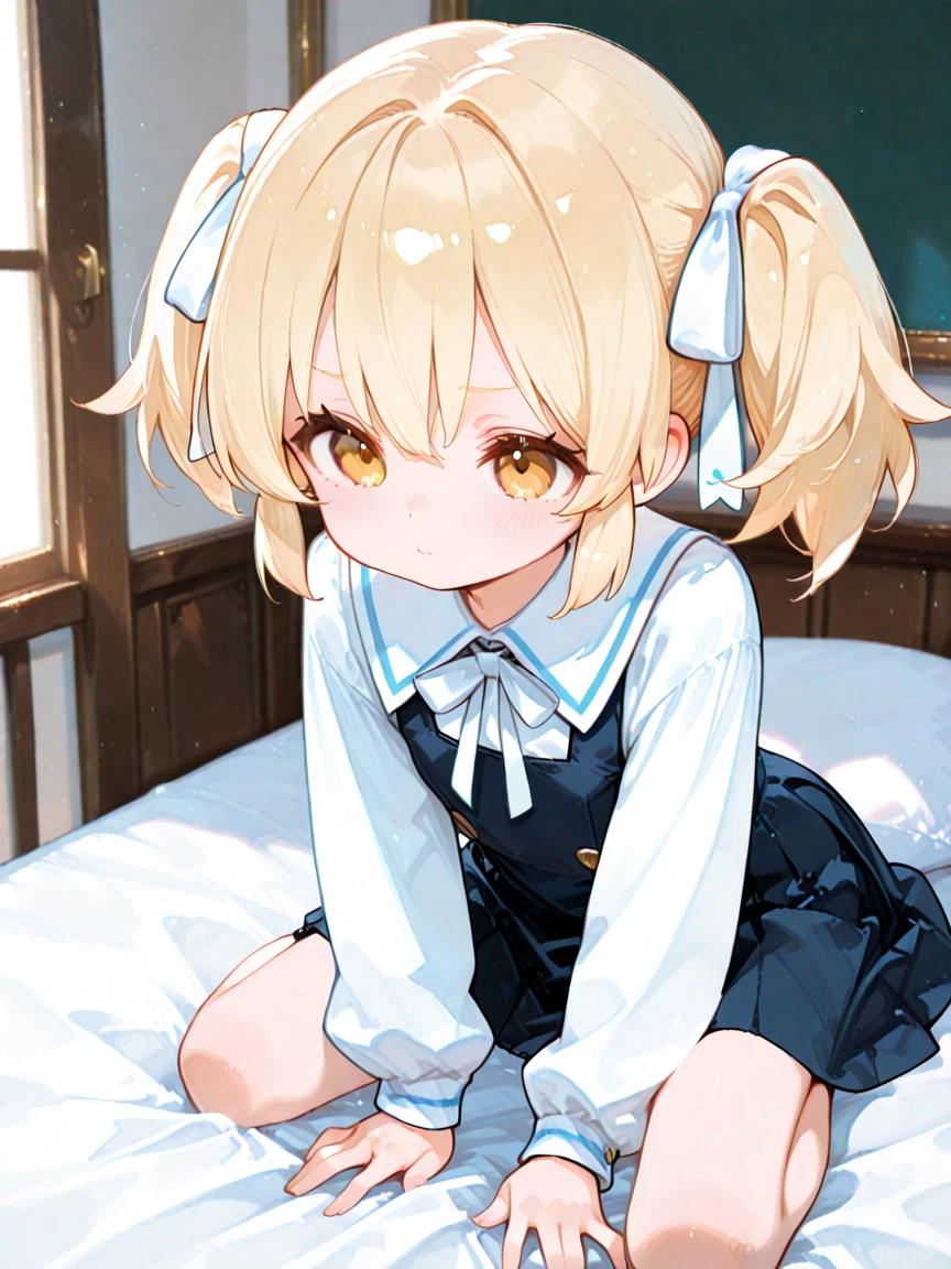 nsfw,(Petite),(A cute boy),blonde low twintails,lips,(Voyeur changing clothes),Sweat,White Breath,Audience peering from above,On all fours