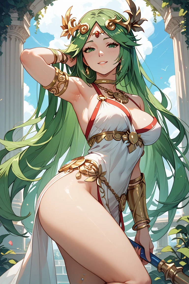 medusa with snakes on her head in a garden with statues, naked with a loose furcoat, beautiful face, earrings,