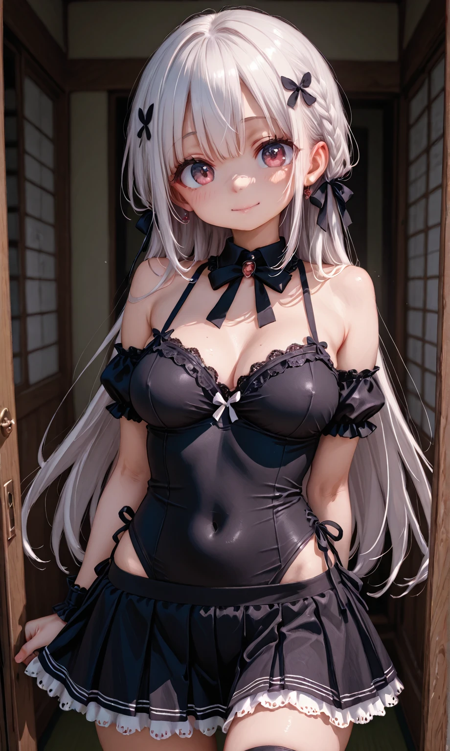 a beauty girl, hair over shoulders, Wet hair, grin, Seductive smile, Heart-shaped eyes, Large breasts, shift dresses, Boutier, lace-trimmed legwear, cross-laced_Footwear, top down_Bottom-up, about_To_Sam_Raped, shibari, Girl_On_Top, Facesitting,