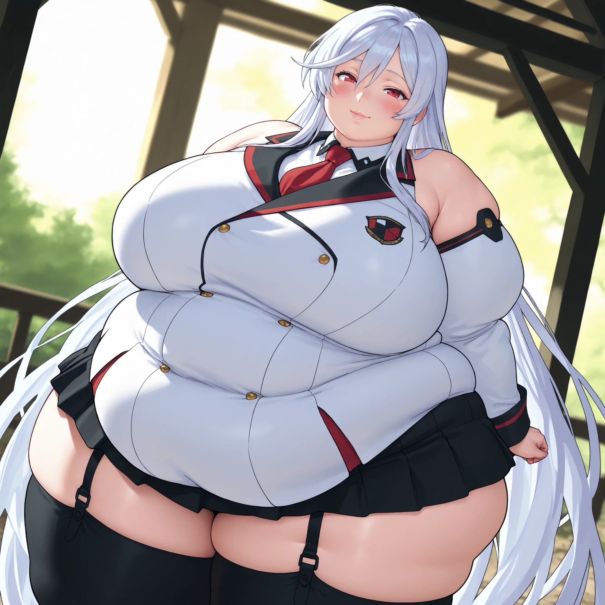 vladilenamilize, vladilena milize, (grey eyes:1.5),  grey hair, hair between eyes, long hair, ahoge,((best quality)),((highly detailed))
BREAK blue headwear, blue jacket, blue skirt, hat, jacket, military, military hat, military uniform, peaked cap, shirt, skirt,  thighhighs, uniform, white shirt,  white thighhighs,
BREAK looking at viewer,  smile,
BREAK indoors, classroom,
BREAK (masterpiece:1.2), best quality, high resolution, unity 8k wallpaper, (illustration:0.8), (beautiful detailed eyes:1.6), extremely detailed face, perfect lighting, extremely detailed CG, (perfect hands, perfect ???????), chubby, chubby girl, curvy, large breasts, lips, plump, thick thighs, thighs,  (((oversized gigantic stomach)), curvy, large breasts, lips, plump, thick thighs, thighs, (((oversized gigantic stomach)), curvy, large breasts, lips, plump, thick thighs, thighs, (((oversized gigantic stomach))