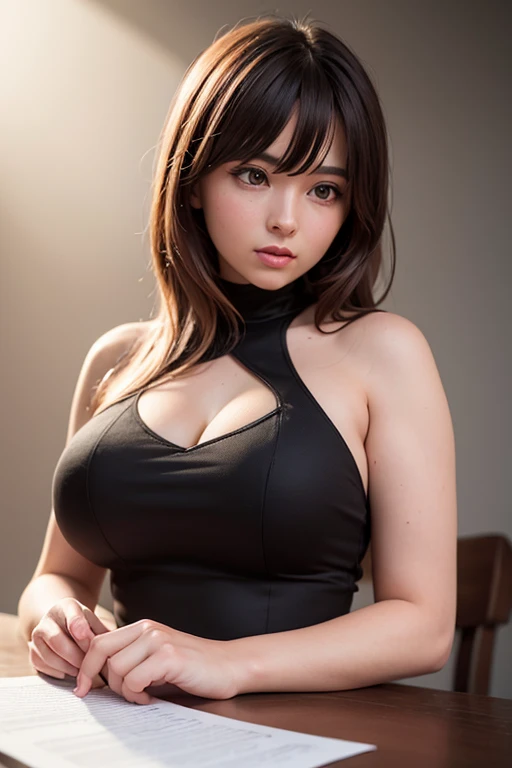 (vulgar),Just the right kind of 10-year-old japanese、black Hair Color,wearing an short apron without any clothes on and necklace,between breasts,big breasts,,seductive grin smug,Tilt-shift cameracrowd,close mouth
