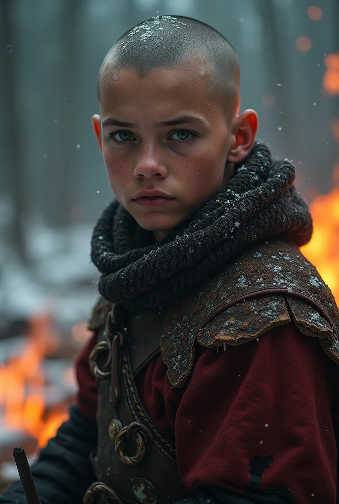 A targaryen teenager boy with 14 years bald and purple eyes, Winterfell burning scenary, snow, shirtless, screaming, flame aura