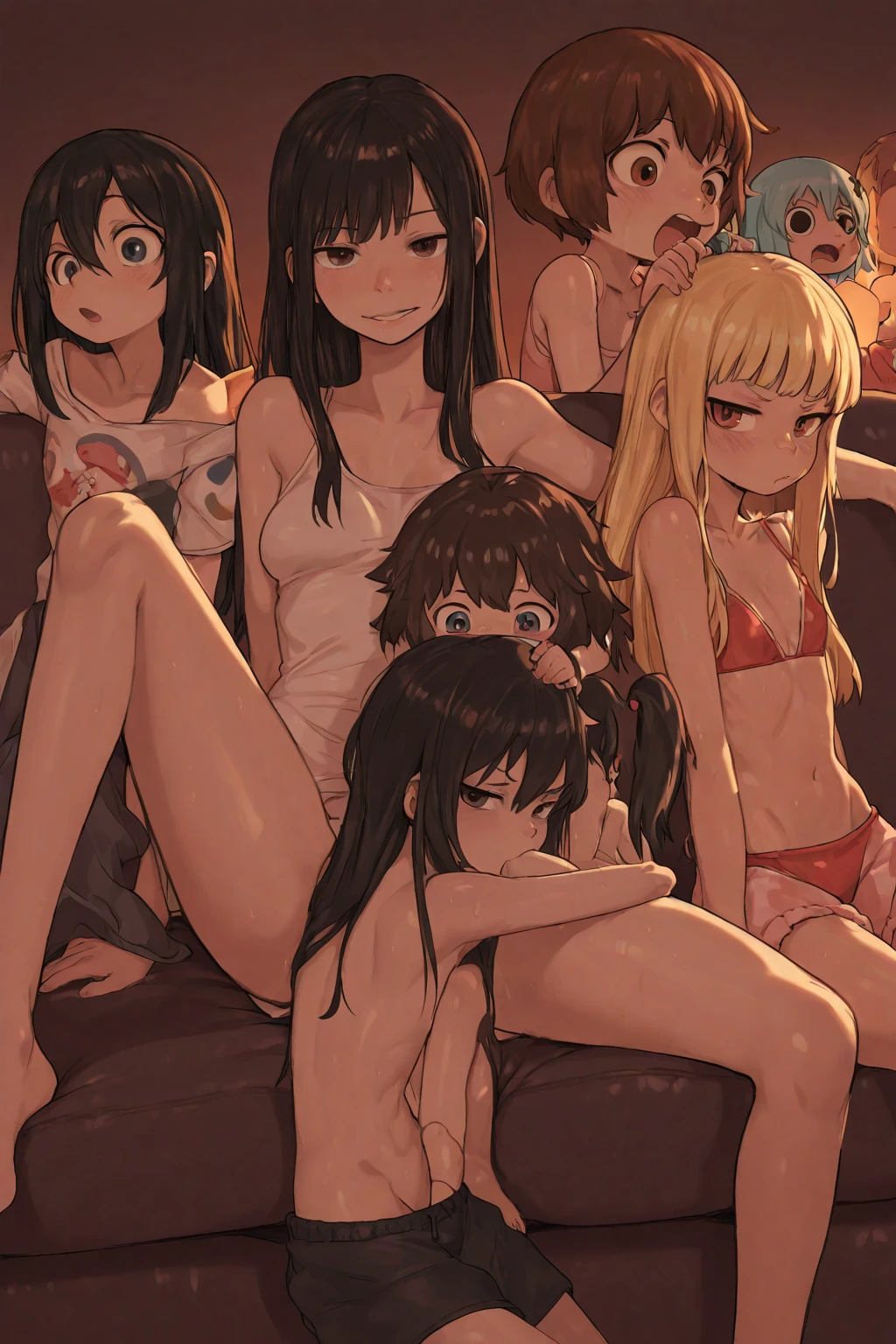 nudist girl squatting、Lots of friendly elementary school boys hugging each other、surround each other's faces、Laughter and joy、longshot、Group Selfies、In the tent、Intense shame、Leaning forward、nsfw