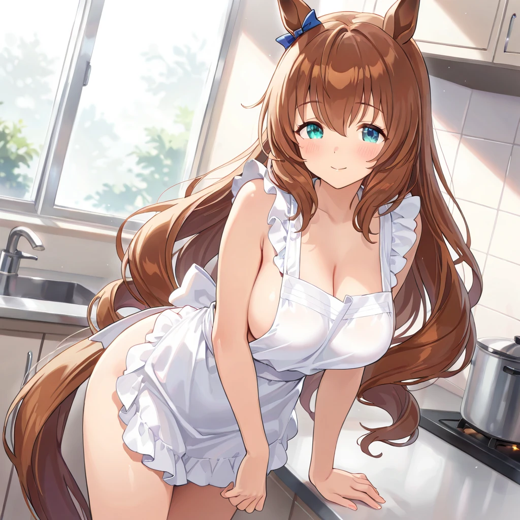 ((best quality)), ((highly detailed)), masterpiece, absurdres, (detailed eyes, deep eyes), (1girl), <lora:slim_tall-plump_short:1.5>, cowboy shot, <lora:hairdetailer:.9>, (lion girl), lion ears, lion mane, royalty, long hair, (dark brown hair), ((dark skin)), amber eyes, large breasts, athletic, purple fur-trimmed dress, maxi dress, tiara, (indoors, in a kitchen, apron), <lora:Personalami:.6>