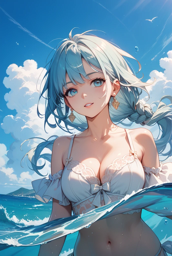 Best quality、Photorealistic、Ultra-detailed、delicate、Orderly、High Detail、Bluish Silver Short Bob、(Drooping heterochromia iris,glowing eyes、Sparkling Eyes:1.3)、Slender、(One girl:1.2)、(White swimsuit,Colorful flowers、Beautiful sea、The ocean as far as the eye can see、Summer sky、To the Cloud、Beach、Gazing at the Horizon、Islands in the Seto Inland Sea々、Nostalgia hobby、Nostalgia :1.3)、Ambient Occlusion、Ambient Light、Ray-traced Reflections、Glow、Shiny Hair、