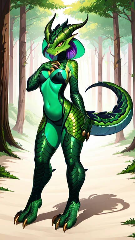 in Within a tree deep in the jungles of Thailand there lives the naga, a creature thought to be of myth and legend but very real. From the belly button down the serpentine body of a huge snake. Scaled in colors of green, pink, and purple, Above the belly button the appearance of a beautiful woman. thin waisted, large full breasts, snake-like eyes, viper fangs. Wearing a corset of golden snake scales. Vanta black hair.
