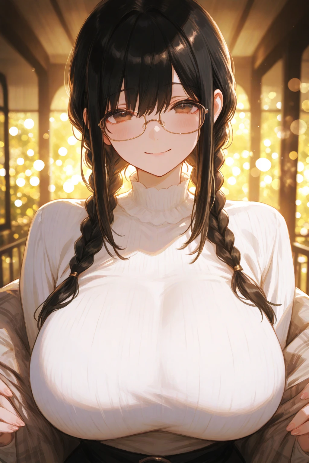 NSFW、1 Female、Brown hair、Brown Eyes、Best Quality、Super detailed、8 Resolution、Raw photo、Mastepiece、Perfect Body、high resolution、Highest quality、Detailed drawing、Vibrant colors、lure、Long Hair、Black-rimmed glasses、Captivating breasts、Big Breasts、Autumn scenery