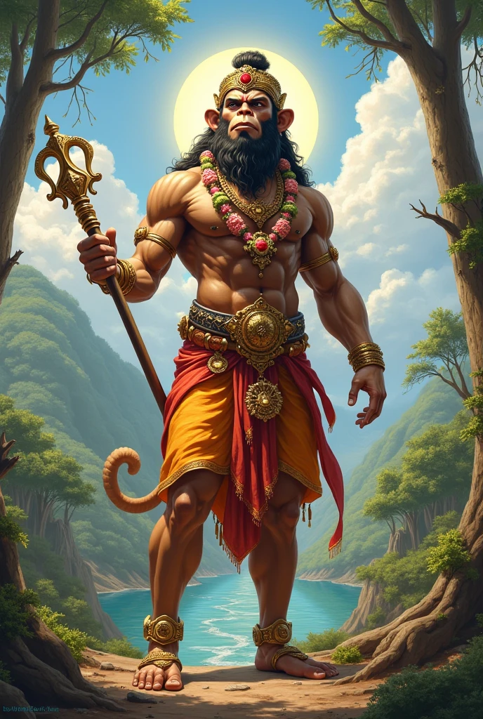"Create a realistic and traditional image of Lord Hanuman, the Hindu deity known for his devotion, strength, and wisdom. Depict him with a well-defined, muscular body and reddish-brown skin, reflecting his divine nature. His face should have distinct monkey-like features with a broad forehead, large, expressive eyes that convey both compassion and strength, a slightly flattened nose, and a small, gentle smile. His mouth is slightly open, showing sharp teeth, and his ears are rounded and prominent. Hanuman is wearing a golden crown with intricate carvings and colorful jewels. His attire includes a red dhoti with a golden border and traditional golden jewelry, such as armlets, necklaces, and anklets. His long, graceful tail curls upwards. In one hand, he holds a golden mace (gada), and in the other, he lifts a mountain filled with medicinal herbs. The background should feature a vibrant sky with soft clouds and a radiant golden aura surrounding him, symbolizing his divine power and purity."