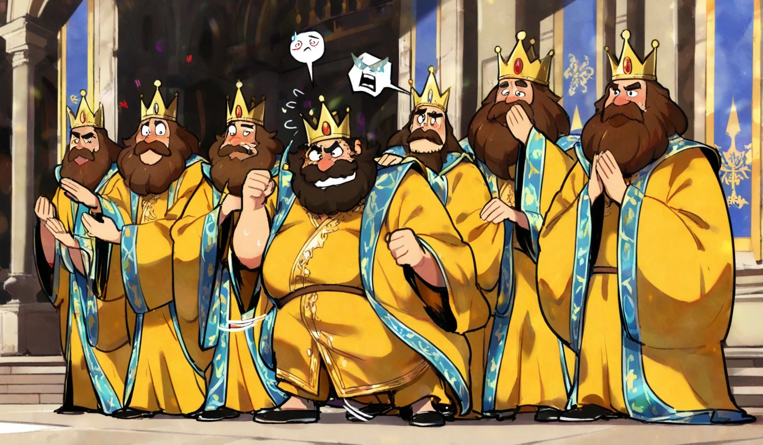 Fat man with a crown, , wearing white , red house, two children