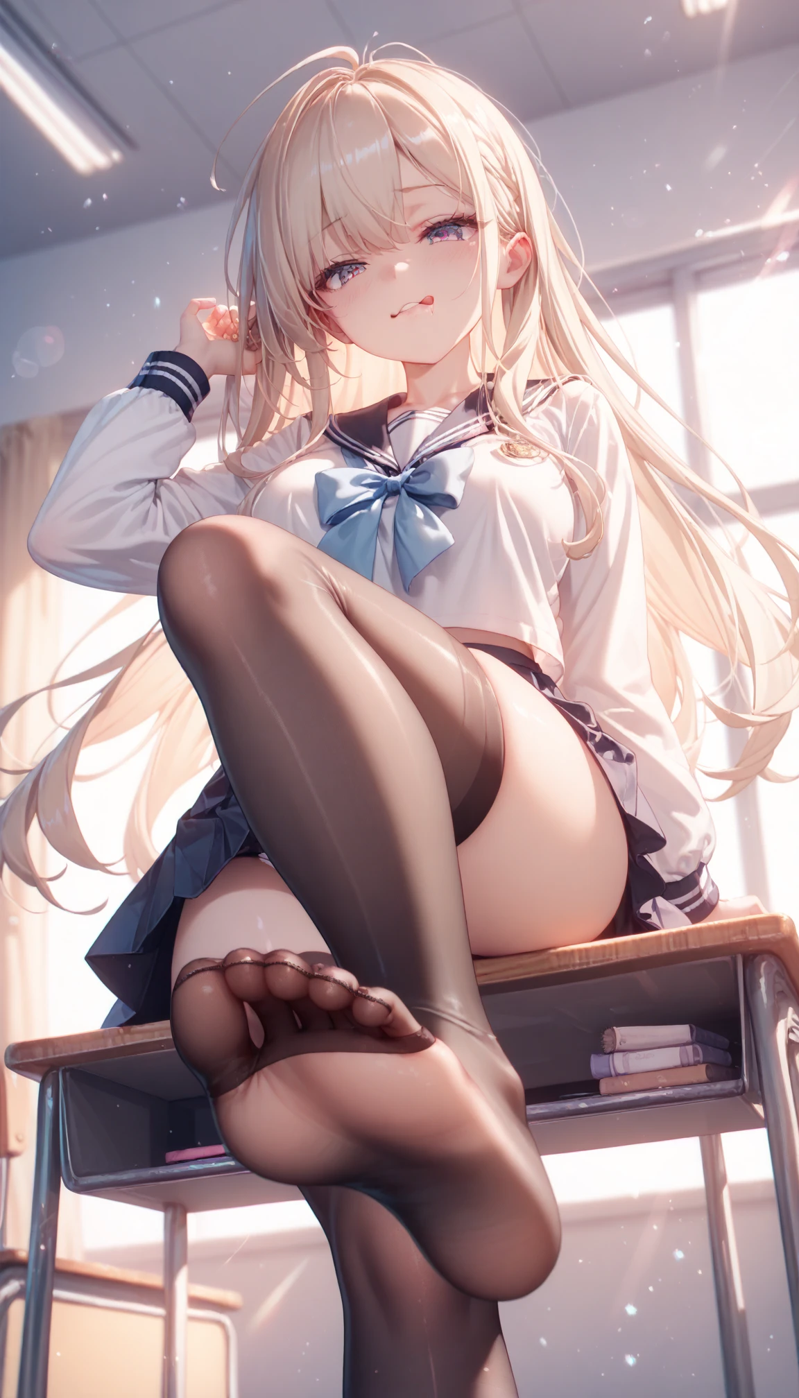 the best, masterpiece, HD, (whole body), frontal lobe, Symmetrical, mature high school girls, alone, (whole body from head to toe), small breasts, long hair, slightly messy hair, (black leggings), ( (black pantyhose), black pantyhose, (composition where she is made to sit and lift her leg and make her leg open), composition Showing white panties, slender beautiful leg, a very pretty 17 year old girl (no shoes) leg), blush, shy big eyes, messy hair, looking at camera, Showing white panties, White ruffled underwear,I can see white panties, high school uniform blazer, high school uniform white shirt, high school with blue ribbon, High-end short plaid navy blue pleated skirt
