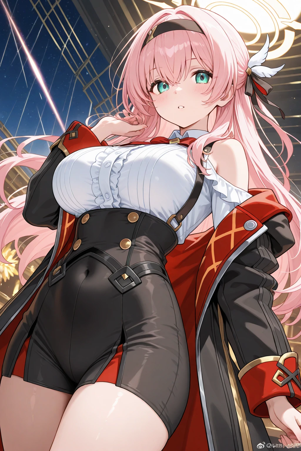 Girl, long pink hair, pink eyes, big breasts, big thighs, uniform, high resolution 