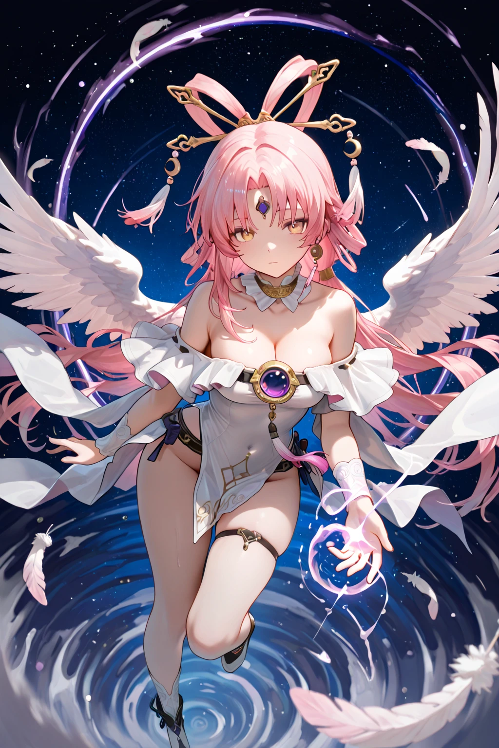 (best quality, highres), blue archive misono mika, completely nude, uncensored, large breasts, detailed nipples, detailed genitalia, long flowing hair, no bra, no panties, exposed body, slender figure, anime art style, soft lighting, beautiful color palette, live wallpapers