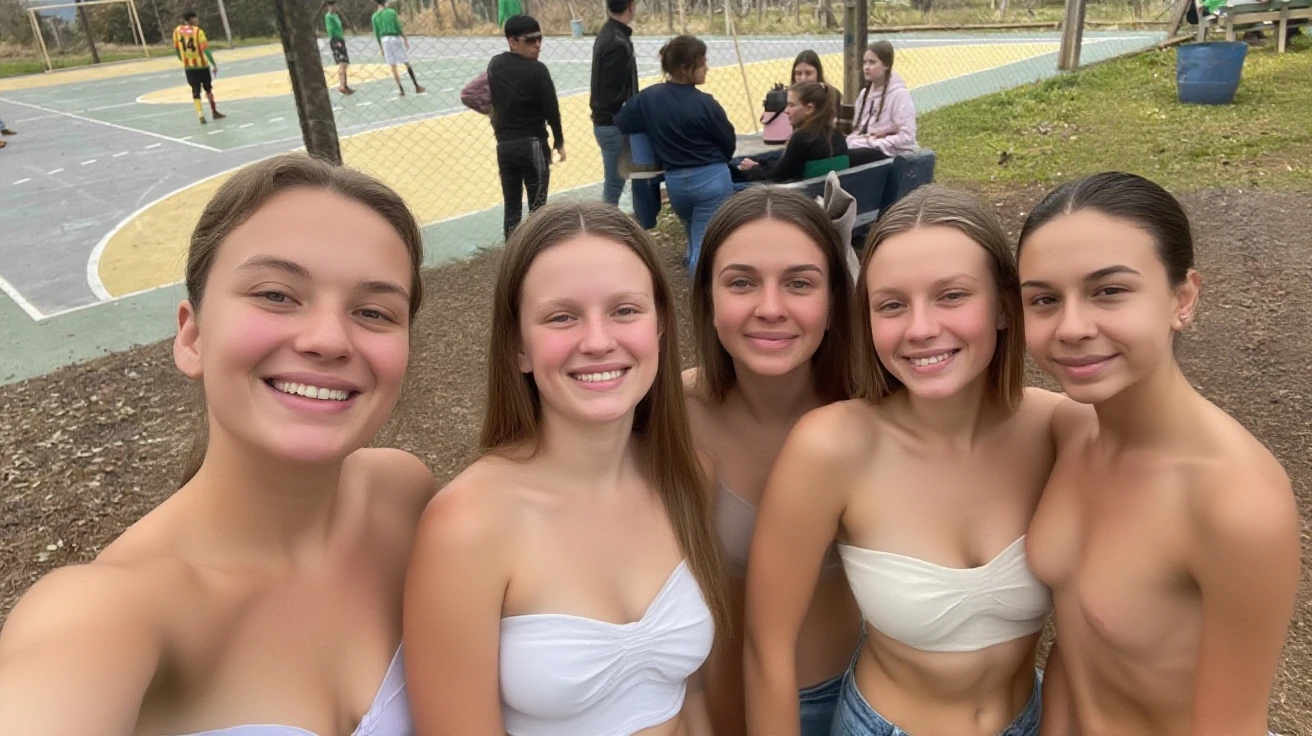three very beautiful 14 year-old-teenage girls, at an outdoor night music festival, posing totally nude for a photo, ((nudity)), smiling very sexy, slim, very flat-chested, men chest