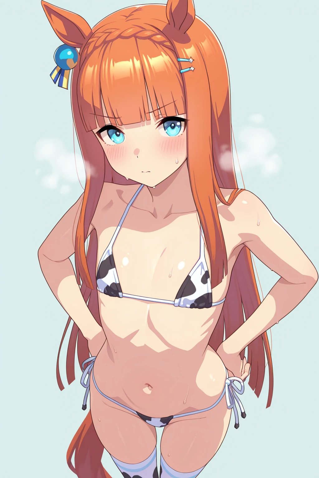 Masterpiece, best quality, solo,solo, retro style,honoka kousaka love live, blue eyes, orange hair, string bikini, micro bikini, red bikini, hentai style, skindentation , cowboy shot, shield in right arm, sword in left hand, standing, facing viewer, one eye closed, looking at another,:p, tongue out, hairband, choker, thighs strap,arm band, saliva string 