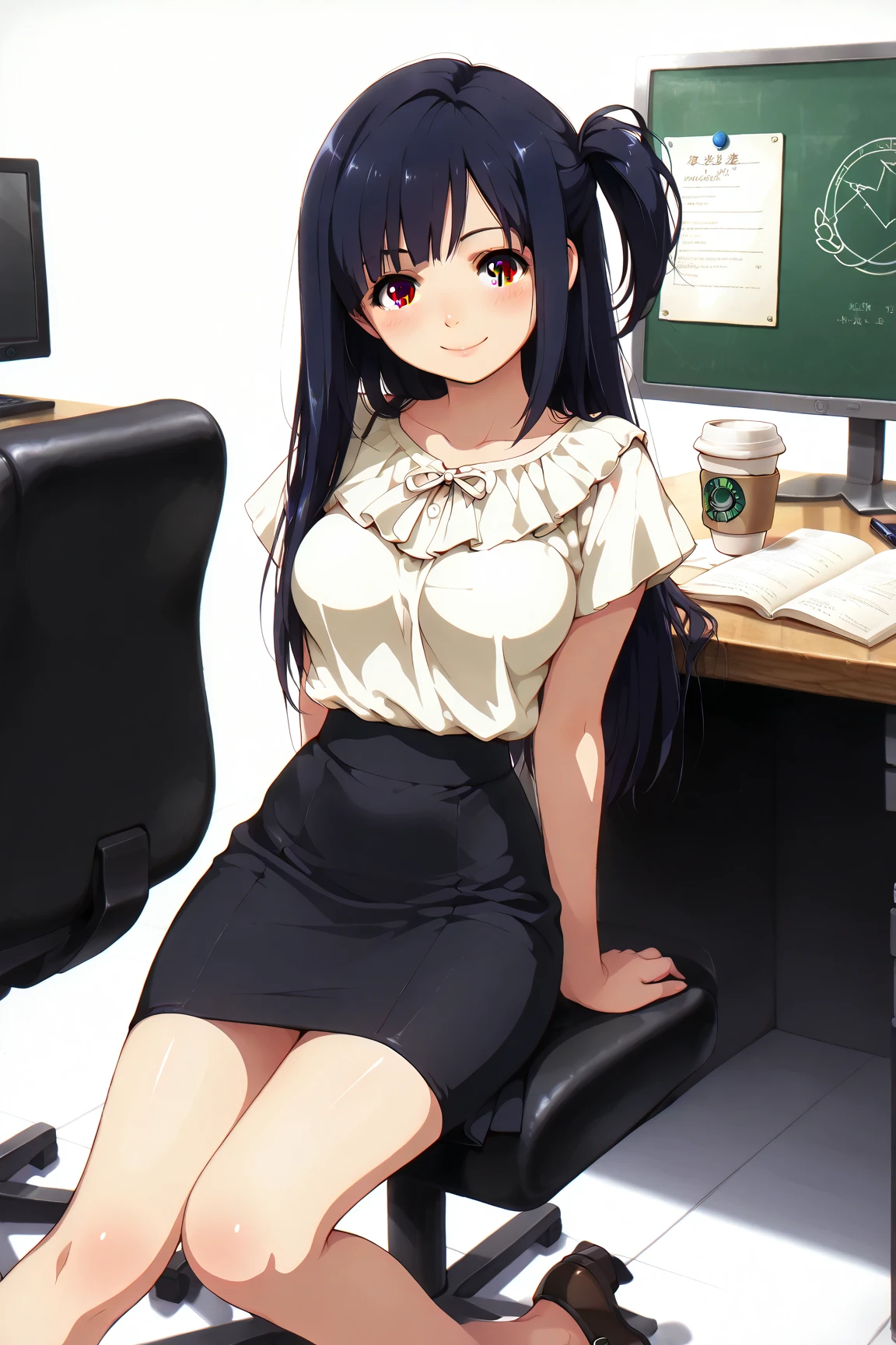 1990s anime screencap, a Bussiness girl, anime scene, sweet smile, black hair, black eyes, black skirt, white shirt, office lady, cleavage, sitting, looking at viewer, earrings, blush, at office