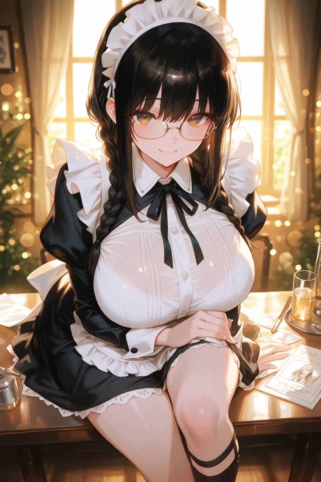 (Highest quality, masterpiece), (Ultra-high resolution, 8k RAW photos, Photorealistic:1.5, Fabric Shading, Thin contours, Clear focus:1.2), Beautiful mature woman making tea_Garden party, Standing by the round table, (Meisen tea set, you can, Tea cup, Some cakes on a plate), Delicate and elegant baroque style white table with gold accents and royal ornaments_green, Light wear_茶色のMaid clothes, Cleavage, Maid clothes:1.2, Long Flared Skirt, apron, Bow tie on chest, Tall Sally, Long legs, Gray Hair, (Wearing thin glasses:1.2), (Mature Woman:1.5, 28 years old, alone), (Large Breasts, Saggy breasts, big , Tight waist), (medium short Gray Hair, Hair on one eye, (Updo:1.2), Side Lock, Asymmetrical Hair, Wavy Hair), (Bright Eyes, Fine grain, A face with attention to detail, perfect face shape, Bloodshot eyes), (A seductive smile, Half-close your eyes), (Looking at the audience:1.3), (Dynamic Angle, whole body, From above:1.2), ((Correct Anatomy:1.5, The right move)), (Ideal body proportions), (Outdoor:1.2, grassland),