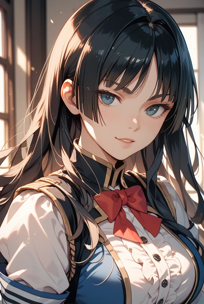 masterpiece、Holding the bow、、One Girl、、Realistic depiction of each hair、Eyes that shine realistically、Laughter、Elaborate floral armor、Lots of flowers々Surrounded by、Backlight、Emerald jewellery on chest、Shining emblem on the shoulder rest、Long black hair,Big Breasts