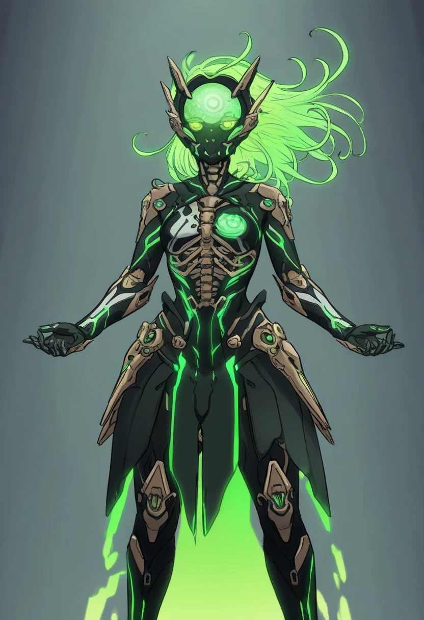 Undead skeletal zombie with open chest with a fungus inside Neon green with sprouts and roots covering the body Neon green eyes Destroyed ranger clothing Dirty arms covered by roots and legs with blisters covering his body Toxic neon green blood gray background look at us facing the viewer