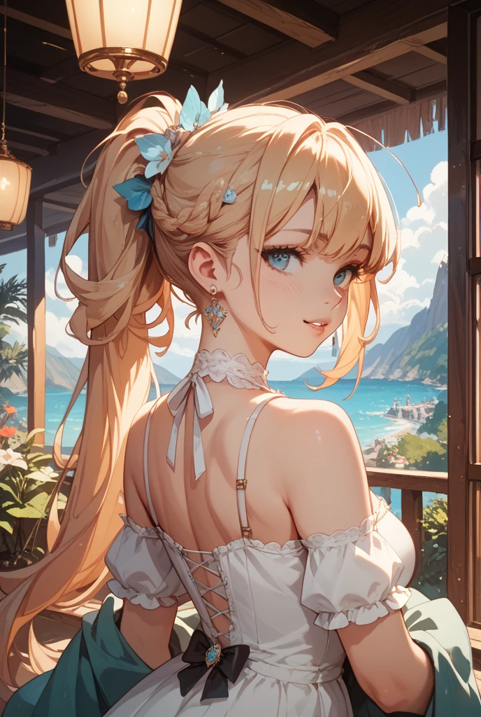 (highest quality:1.4), Very detailed, 8K, Vibrant, Best aesthetics, Accurate, (masterpiece:1.4),
BREAK 
(profile, Cowboy Shot:1.2), 1 beautiful girl, 18yo, small face, beautiful detailed face, narrow waist, The beauty and danger of growing from a girl to an adult, A symbol of miraculous beauty, Graceful posture, sensual, bewitching woman,  (cleavage), (coral red hair, shiny hair, A long single braid of hair flowing from the shoulder to the front:1.5), Swept bangs, 
BREAK 
(Deep Blue Dress, off shoulder, Strapless dress, Sleeveless, tiny aqua blue teardrop-shaped earrings:1.4), 
BREAK 
(A fantasy world cityscape:1.4), sunny afternoon, A city resembling Venice with canals, (Leaning against the railing of a bridge over a large river), Bright lighting, Beautiful world, Blown by the gentle wind, Soft sunlight that induces afternoon drowsiness, looking side glance, (left hand on own chest, five fingers:1.2), (vivid yellow eyes:1.4), Slit Pupils, beautiful detailed eyes, long delicate eyelashes, Meticulous Eyelash Details, (A golden heart-shaped pendant:1.5), 
BREAK 
(hot gaze, heart-shaped lips, beautiful detailed lips, Glossy, Open Mouth, Leaking sigh), seductive smile,