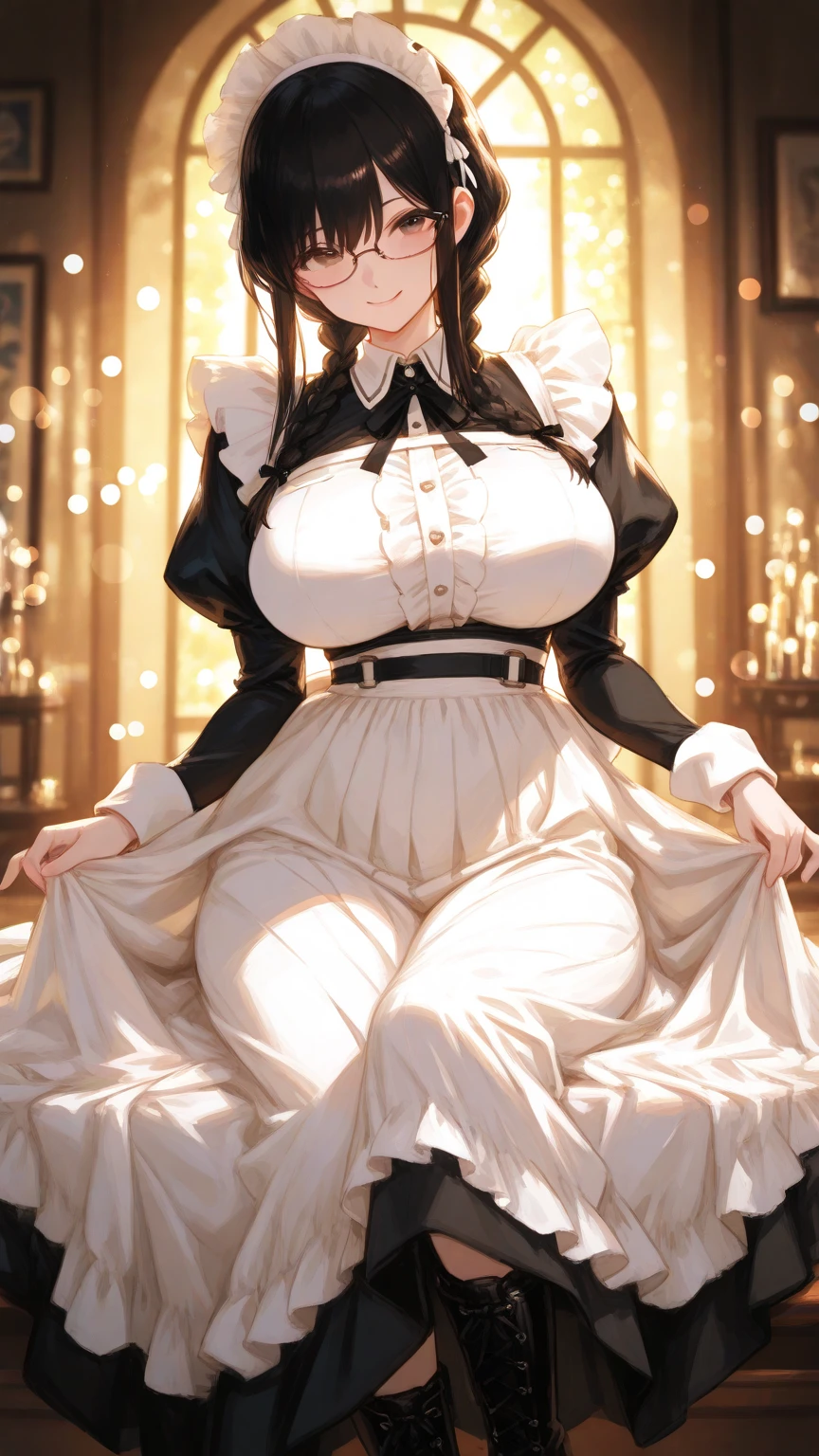 Woman with huge breasts wearing a lace wedding dress with a provocative neckline