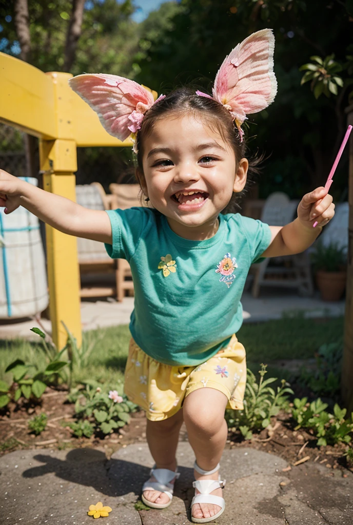 Realistic photo, ultra details, natural light ultra detailed portrait ((1)) Adorable black female child incredibly charming, dressed ((pink)), walking in the forest, with two pink flowers in the hair, smile of attack, cheerful smile, playing the forest, red flowers background, water in the background, playing, photo taken full body. The illustration is in high definition in 8K resolution, with ultra detailed facial features