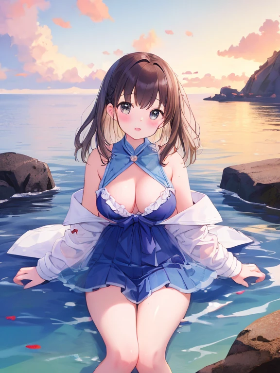 (Beach、Hawaii:1.3)、whole body、Adult female、The exact number of fingers、Exact number of legs、Exact number of arms、bangs, Ribbon Ponytail, Brown Hair, (blush:1), (Pussy juice:1.2)、tits、White and navy idol costume、Costume includes a navy blue idol-style corset.., The costume has a ribbon on the collar..、It's a dress that covers the shoulders.., ~ side, upper arm, and arms., The costume only has a large opening at the chest..、Knee-high socks、White idol-style skirt, (Elaborately and luxuriously decorated underwear:1.3), Ribbon at collar.., (White and pink panties with lots of lace:1.3), White Lace Bra:1.2), Sexy Underwear, Knee socks、 Beautiful big breasts, (Erect nipples:1), Her skirt is rolled up、highest quality, High resolution, (Beautiful and beautiful eyes:1.6), Highly detailed face, Perfect lighting, Highly detailed CG, (Perfect hands, Perfect Anatomy),Embarrassed look、The facial expression of a person who is holding back from going to the toilet, (Sexual pleasure expression:1.4), (Expressions of anguish:1.2)、close your eyes、Sexy look、look up、mouth half open、climax、