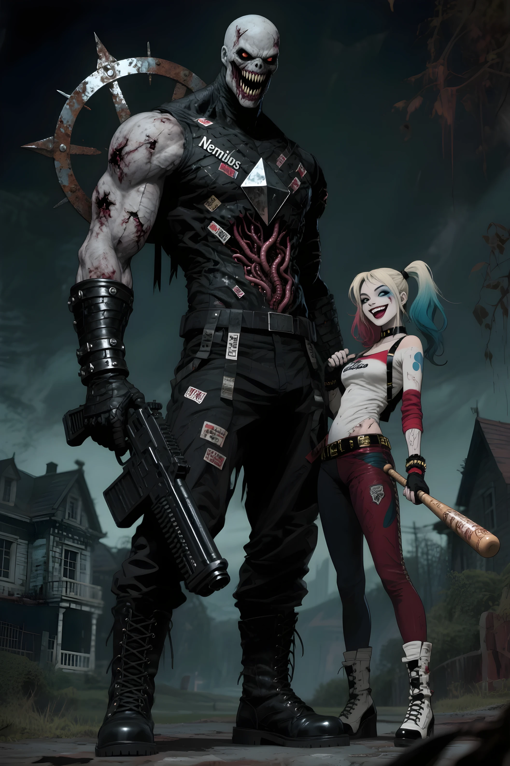 full-body shot, arkham city, arkham knight CGI art style, by rocksteady studios, couple, (tall heroic brawny pale young man with glowing green eyes, subtle grin loving expression, messy white hair, thick eyebrows, black and red armored super suit, upturned collar cape), he is holding his girlfriend Harley Quinn, she is wearing a skirt and fishnet stockings, blue batman is looking down at them from a top the gotham city tower with a full moon behind him,