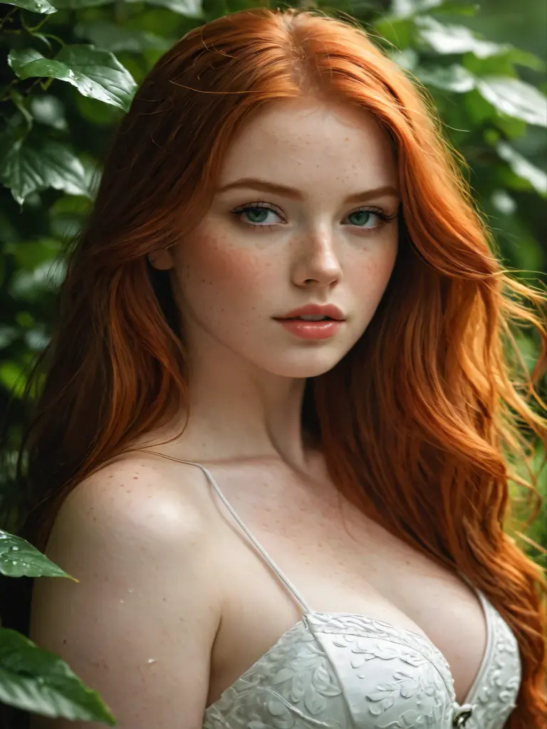 Young woman, white skin, freckled skin, green eyes, big eyes, red lips, shiny lips, red hair, long hair, curly hair, big breasts, bare breasts, topless, model, walking, visible vagina, vagina, forest, body athletic, slim body, six pack abs, athletic body, smiling, explicit nude, frontal shot.